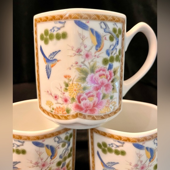 Homco Japan 4 Mugs Cups Hexagon Gilded Peonies Bluebirds Bridgerton China Gift - Picture 5 of 17